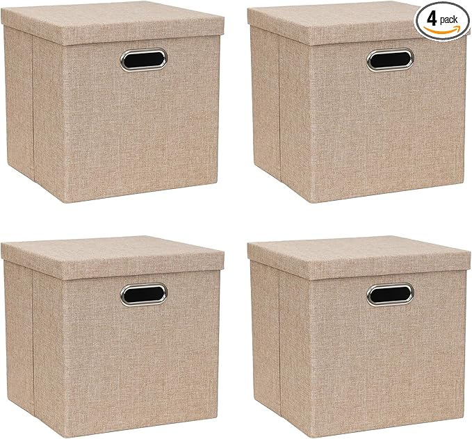 Storage Bins with Lids, Collapsible Linen Fabric Boxes Organizer Containers with Lid Foldable Storage Box Basket for Closet, Shelves, Home, Office, 12 x 12 x 12.4 Inch, 4 Pack, Khaki