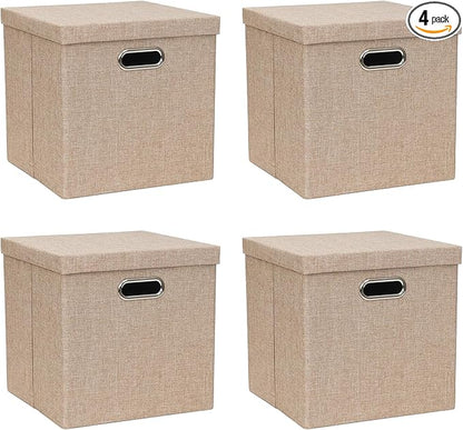 Storage Bins with Lids, Collapsible Linen Fabric Boxes Organizer Containers with Lid Foldable Storage Box Basket for Closet, Shelves, Home, Office, 12 x 12 x 12.4 Inch, 4 Pack, Khaki