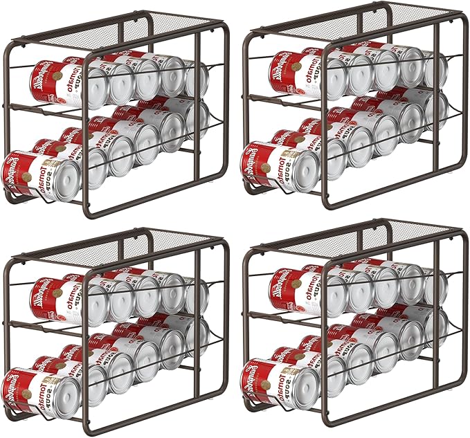 4 Pack Soda Can Organizer, Stackable Metal Can Dispenser for Pantry, Automatic Rolling Canned Food Organizer for Cabinet and Countertop, Brown.