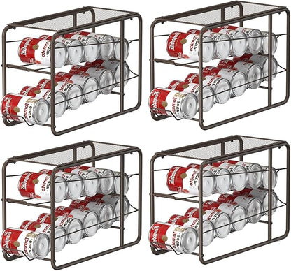 4 Pack Soda Can Organizer, Stackable Metal Can Dispenser for Pantry, Automatic Rolling Canned Food Organizer for Cabinet and Countertop, Brown.