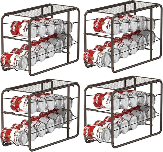 4 Pack Soda Can Organizer, Stackable Metal Can Dispenser for Pantry, Automatic Rolling Canned Food Organizer for Cabinet and Countertop, Brown.