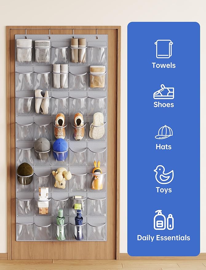 NiHome Over the Door Shoe Organizer with 40 Clear Pockets, Hanging Closet Storage Rack for 20+ Pairs of Shoes, Waterproof PVC Space-Saving Headphone & Cell Phone Holder for Classroom Dorm, Laundry