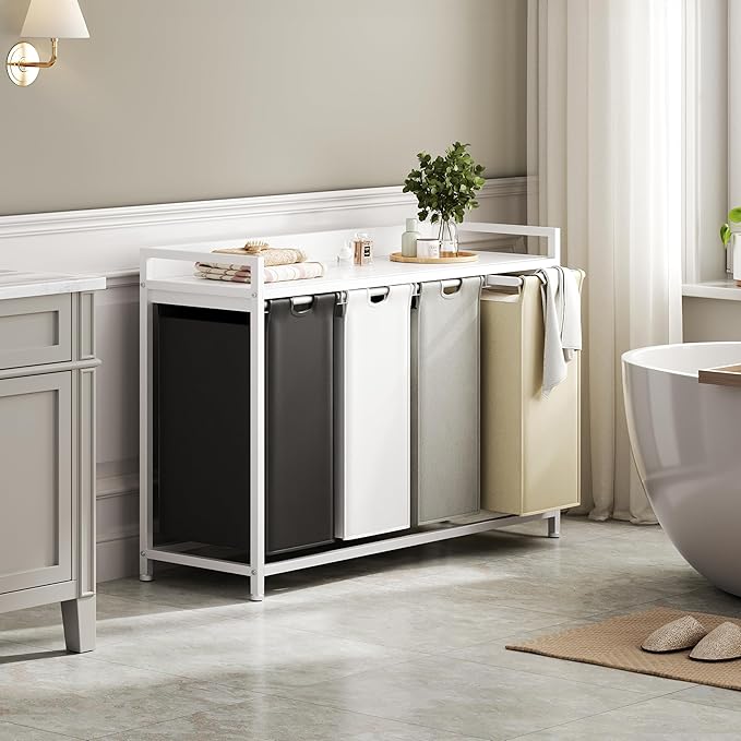 Herture Laundry Hamper with Shelf, Laundry Basket 4 Section, Laundry Sorter with Pull-Out Removable Large 4 Color Bags and Movable Wheels, Metal Frame, 4 x 15.87 Gallons (60L), White PF07XLE