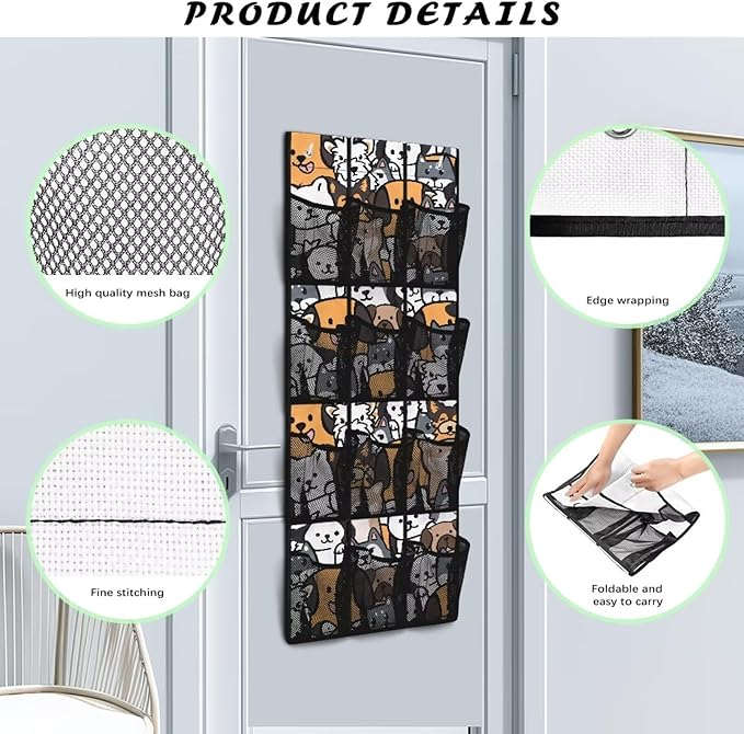 12 Pockets Behind Door Organizer Cartoon Cats Over The Door Shoe Organizer Multi-Funtion Wall Hanging Storage for Living Room Large Capacity Shoe Holder Hanger