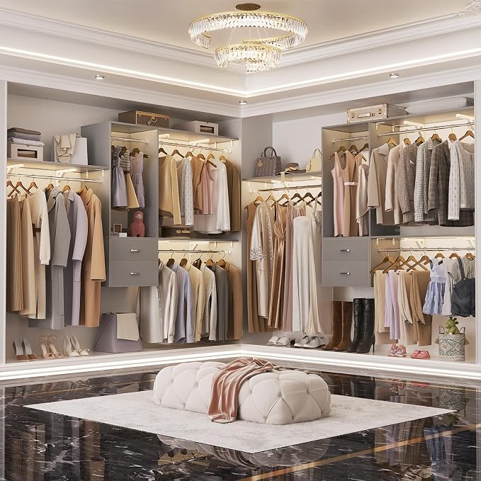 96 Hanging Closet System with 2 Wooden Drawers, 75"–87" Height Adjustable Closet Organizer System with Tower, 4-8FT Custom Closet Shelving System, Wall-Mounted Walk-In Closets Wardrobe, Grey