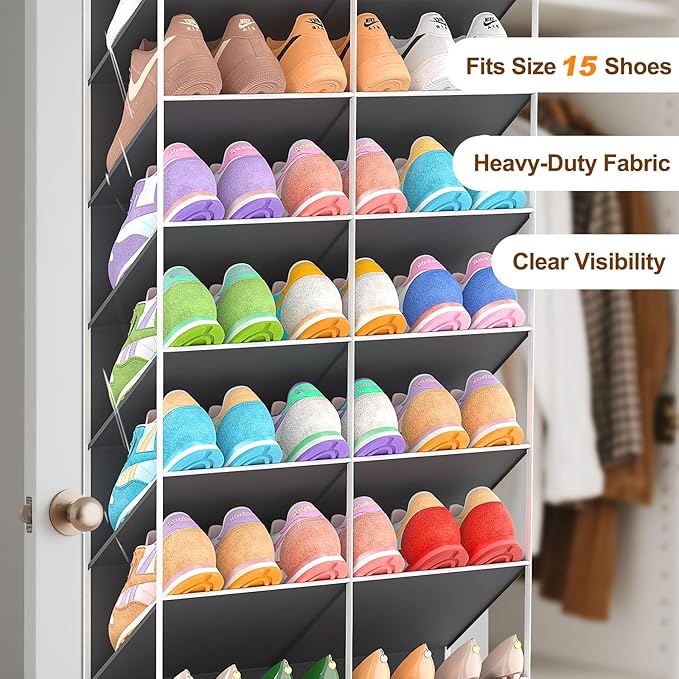 UVIAHOMI 20-30 Pairs Over the Door Shoe Organizer, Clear Pockets Hanging Shoe Storage for Closet, 10-Tier Door Shoes Rack, Handing Shoes Holder Fit All the Family's Sneakers, Boots, Heels, Dark Grey