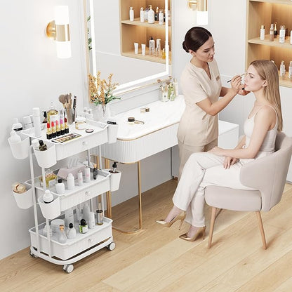 3 Tier Drawer Beauty Cart with 12 Movable Storage Organizer, Thickened ABS & 360° Wheels for Salon Station for Hair Stylist, Beauty Salon, Spa Massage Parlor, Makeup Organizer and More - White