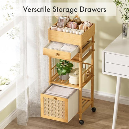 Amazer Bamboo Makeup Organizer Cart with 3 Drawers, Floor Skin Care Storage for Bathroom Bedroom, Rolling Vanity Organizer Cart for Cosmetic, Nail Polish, Perfume and Hair Tools