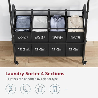 Tajsoon Laundry Sorter Cart with Hanging Clothes Rack, 4 Butler Sorter Basket Organizer, Laundry Hamper Cart with Heavy Duty Rolling Lockable Wheels, Black