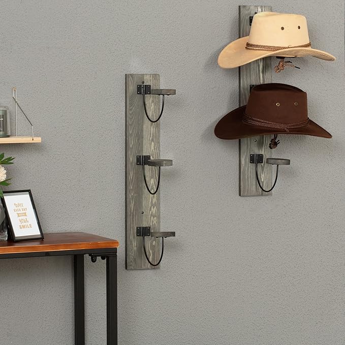 MyGift 2 Pcs Hat Rack Wall Mount, Cowboy Hat Organizer Holder, Coat, Cap Clothes Hanger with Metal Wire and Wood Hooks, Vintage Gray