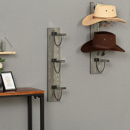 MyGift 2 Pcs Hat Rack Wall Mount, Cowboy Hat Organizer Holder, Coat, Cap Clothes Hanger with Metal Wire and Wood Hooks, Vintage Gray