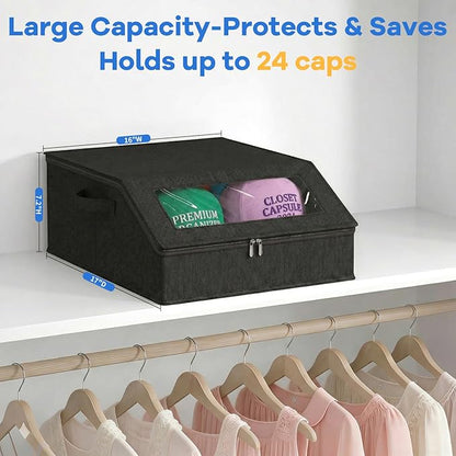 Hat Storage for Baseball Caps, Holds up to 24 Caps, Stackable Hat Organizer for Closet, Dustproof Hat Box with Clear Window, Hollow Board Support & 2 Handles, Flip-Top Access (Black)