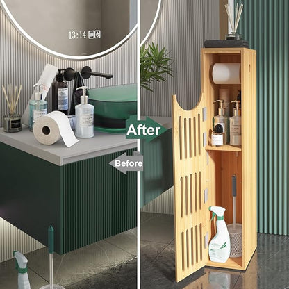 AmazerBath Toilet Paper Storage Cabinet Bamboo, Toilet Paper Holder with Storage for Small Spaces, Slim Bathroom Storage Cabinet, 33x7.3x6.5 Inches