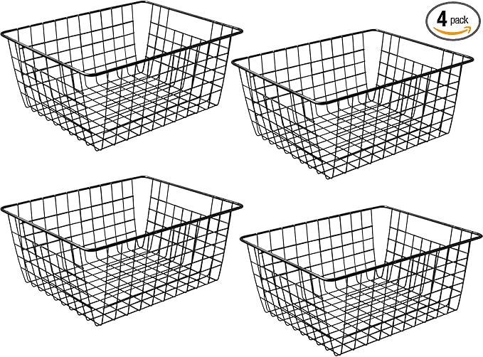 Brightalk 14" Upright Freezer Storage Baskets, Black Wire Storage Bins Large Bakset for Freezer, Pantry, Bathroom Organizing, Set of 4