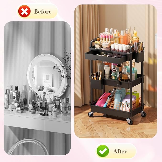 SUNALLY Makeup Cart Organizer with Drawers, Floor Skincare Organizers Vanity Storage Organizer, Rolling Makeup Bathroom Storage Cart Cosmetics Display Cases for Skin Care Perfume Nail Polish, Black
