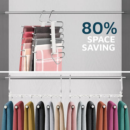Lifemaster Space Saving Pants Hangers 2 Pack, 6 Layer Jeans Hangers & Closet Organizer for Jeans, Scarves, & Skirts, Multi-Layer Hanger with Anti-Slip Stopper, Heavy-Duty S-Type Stainless Steel, White