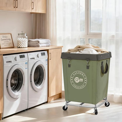 STORAGE MANIAC Commercial Laundry Hamper with Heavy Duty Steel Frame, 160 L Industrial Laundry Basket Cart with Wheels for Hotel, Home, Laundry Room, 18''L x 18''W x 31''H, Medium Green