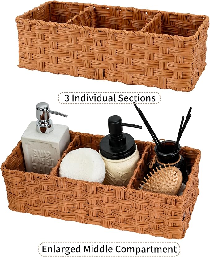 GRANNY SAYS Bathroom Toilet Organizer, Back of Toilet Storage Basket, Waterproof Storage for Shelves, 3 Section Wicker Baskets, Caramel Orange, 2-Pack