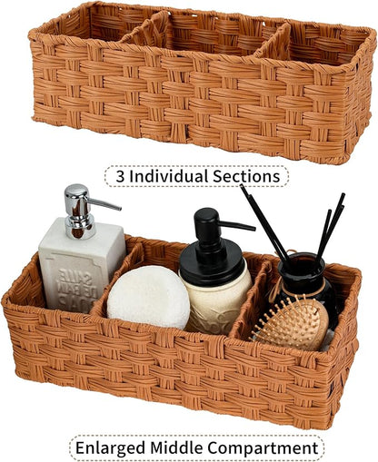 GRANNY SAYS Bathroom Toilet Organizer, Back of Toilet Storage Basket, Waterproof Storage for Shelves, 3 Section Wicker Baskets, Caramel Orange, 2-Pack