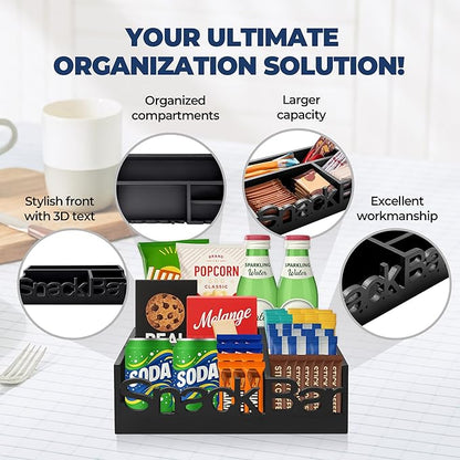 Snack Bar Organizer – Black 5 Compartment Station, Countertop Pantry Organizer for Kitchen, Office Food Holder, Candy Storage Bin, Display Stand, Cabinet Tray & Shelf
