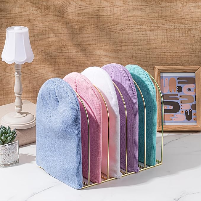 Hicarer Beanie Holder Organizer Metal Beanie Hat Display Stand Knitted Hat Storage Rack for Swimming Cap Display Vendors Home Entryway Tabletop Bedroom Closet Dresser Room Office(Gold)