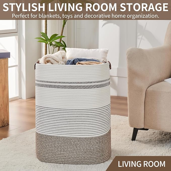 AINUOQI Laundry Hamper - Tall Woven Rope Laundry Basket - Clothes hamper with Leather Handles, 17" X 13.8" X 22", Blanket Storage Basket for Living Room, Rice Brown & White