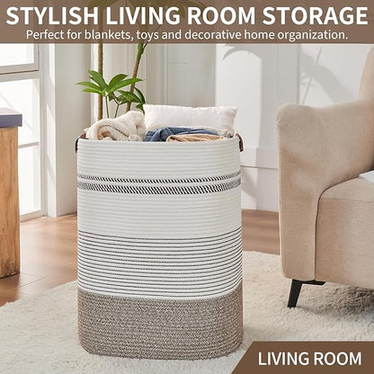 AINUOQI Laundry Hamper - Tall Woven Rope Laundry Basket - Clothes hamper with Leather Handles, 17" X 13.8" X 22", Blanket Storage Basket for Living Room, Rice Brown & White