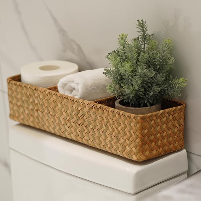 Seagrass Tank Basket for Toilet Paper 3 Sections Woven Storage Basket with Large Compartment Natural (16.5inch x 5.5inch x 3.5inch)