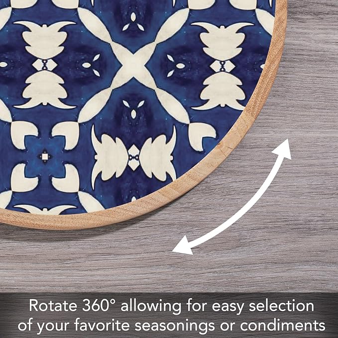 CounterArt Decorative Round Natural Wood Lazy Susan Turntable 14" Diameter Condiment Caddy, Cheese Server, Cake Plate, Spice Organization (Blue & White)