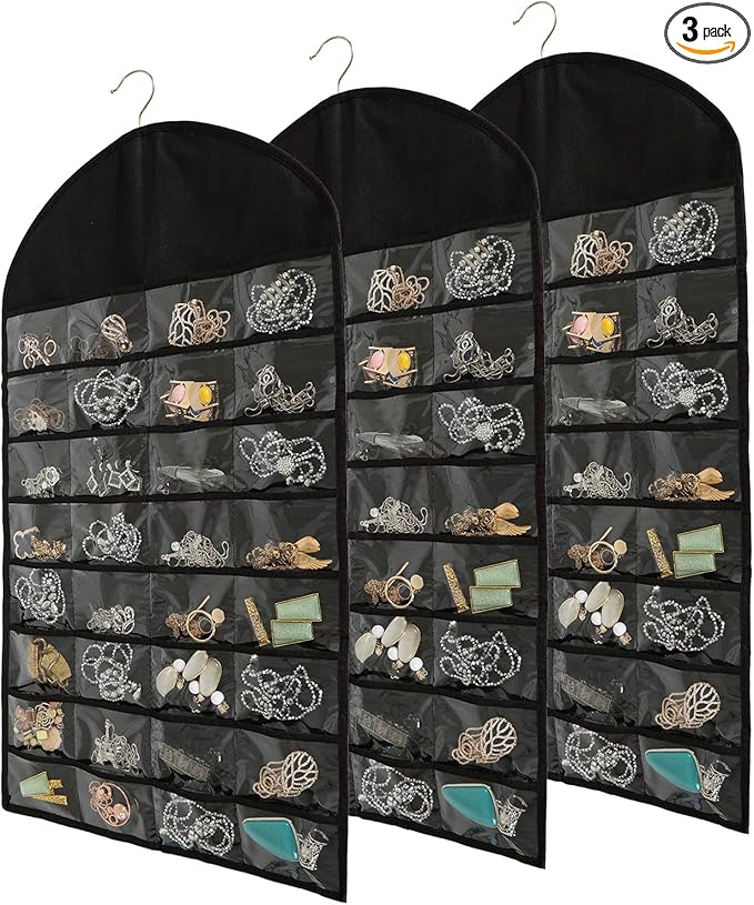 Foraineam 3 Pack Hanging Jewelry Organizer 32 Pockets 18 Hook and Loops Necklace Holder Earrings Bracelet Ring Display Storage Bag