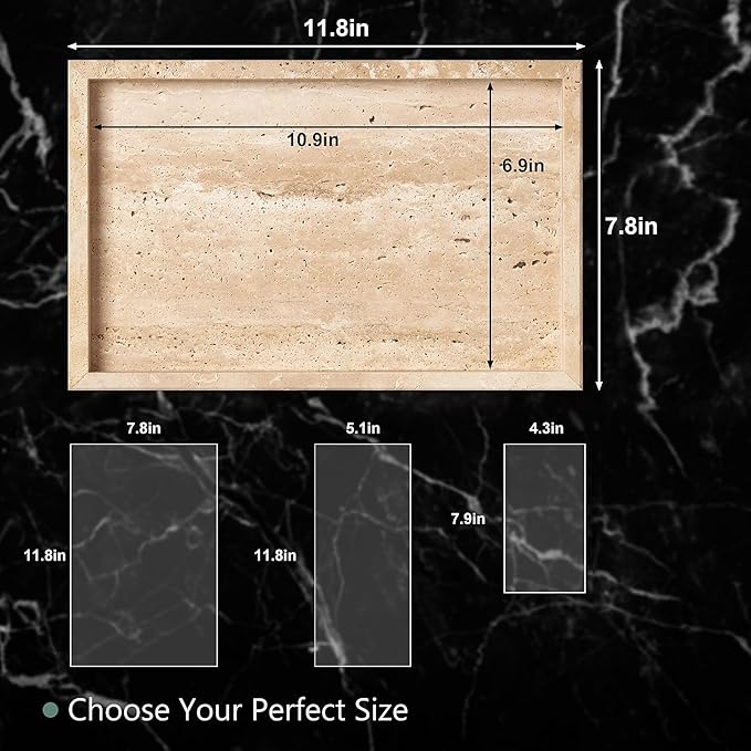 Large Travertine Vanity Tray, Luxury Stone Organizer for Bathroom & Kitchen Counter | Holds Soap Dispenser, Jewelry, Perfume Bottles | Non-Resin, Non-Ceramic Décor