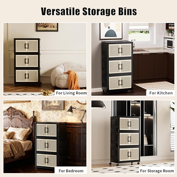 Storage Bins with Lids, Stackable Storage Containers with Lids, Collapsible Plastic Bins, Closet Organizers and Storage with Wheels and Magnetic Door for Home Office Dorm (5 Pack)