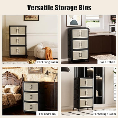 Storage Bins with Lids, Stackable Storage Containers with Lids, Collapsible Plastic Bins, Closet Organizers and Storage with Wheels and Magnetic Door for Home Office Dorm (3 Pack)