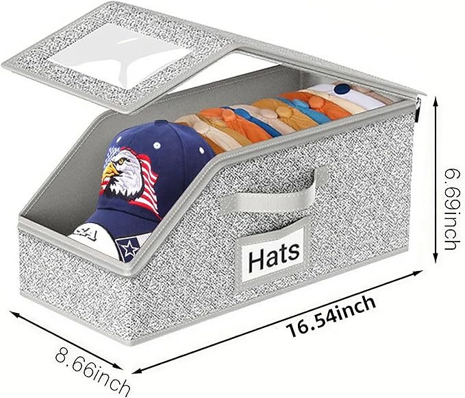 Hat Organizer for Baseball Caps,Holds up to 12 Caps Hat Organizer for Closet, Sturdy Stackable Storage for Men with Clear Lid, Flip-Top Access, Space-Saving Hat Box for Closet, Breathable Fabric