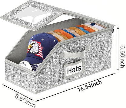 Hat Organizer for Baseball Caps,Holds up to 12 Caps Hat Organizer for Closet, Sturdy Stackable Storage for Men with Clear Lid, Flip-Top Access, Space-Saving Hat Box for Closet, Breathable Fabric