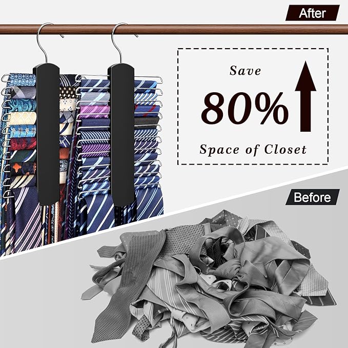 2 Pack Tie Rack for Closet, Premium Wooden Necktie Organizer Storage Tie/Belt Hanger, 360 Degree Swivel Space Saving Ties Holder for Men Hanging 40 Ties Black