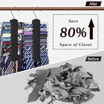 2 Pack Tie Rack for Closet, Premium Wooden Necktie Organizer Storage Tie/Belt Hanger, 360 Degree Swivel Space Saving Ties Holder for Men Hanging 40 Ties Black