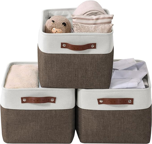 DECOMOMO Storage Bins, Extra Large Fabric Storage Baskets for Shelves, Decorative Linen Closet Organizer, 15.8 x 12.5 x 10 inches (Brown & White, 3 Pack)