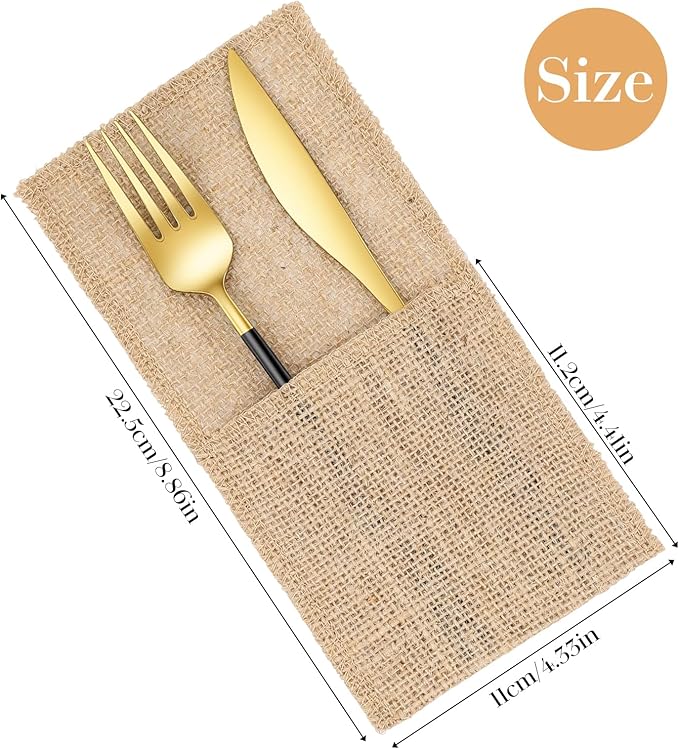 50 Pcs Natural Jute Utensils Holders, 8.8 x 4 inch Cutlery Pouch, Silverware Holder, Napkin Bag for Rustic Wedding Party Decorations