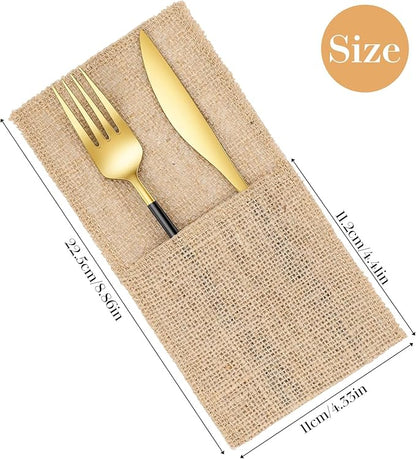 50 Pcs Natural Jute Utensils Holders, 8.8 x 4 inch Cutlery Pouch, Silverware Holder, Napkin Bag for Rustic Wedding Party Decorations