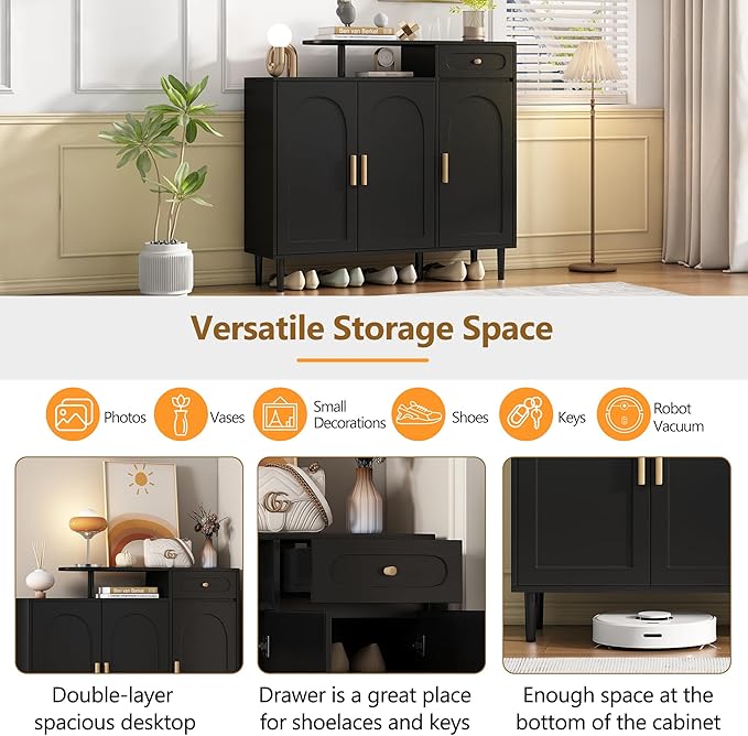 JIVOIT Shoe Cabinet with Adjustable Shelves and Drawer, Cream Style Storage Sideboard with Arched Doors, Solid Wood Legs, Wood Shoe Rack for Entryway, Living Room (Black,164)