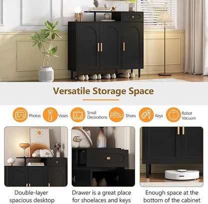 JIVOIT Shoe Cabinet with Adjustable Shelves and Drawer, Cream Style Storage Sideboard with Arched Doors, Solid Wood Legs, Wood Shoe Rack for Entryway, Living Room (Black,164)