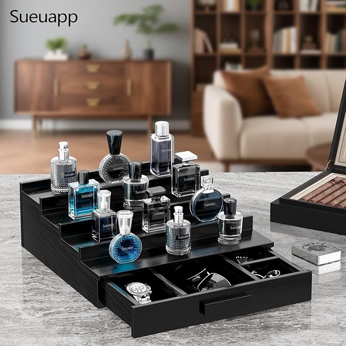 Walnut Wood Cologne Organizer for Men,4 Tier Cologne Stand,Perfume Stand Organizer,Cologne Shelf Display Holder with Hidden Storage and Drawer,Great Gift for Men,Black
