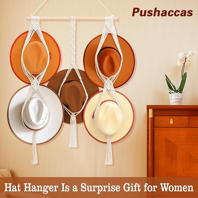 Macrame Hat Hangers 5 Hats Can Be Hung Bohemian Hat Holder Hat Organizer 100% Natural Cotton Can Be Used For Cowboy Hats, Wide-Brimmed Hats, Etc Room Decoration Gifts