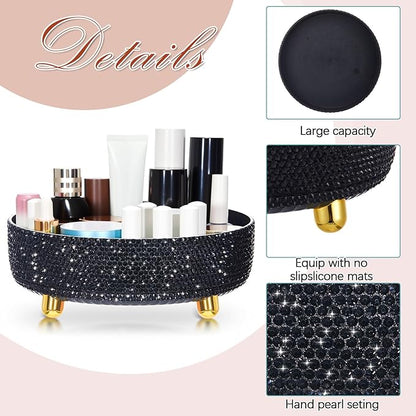 Honeydak Black Bling Perfume Makeup Organizer Bling Mother's Day Nurses Day Gifts for Women Bathroom Organizers and Storage 360 Rotating Makeup Organizer for Countertop(Resin Stone)