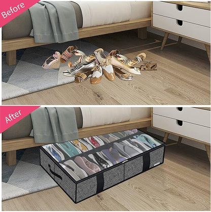 Onlyeasy 2 Pack Under Bed Shoes Storage Bag Organizer (14+4 Pairs), Collapsible Shoe Boot Container with Handles, Underbed Storage Solution for Kids & Adults, 86x60x15cm, Linen-like Black, MXAUBS14S4
