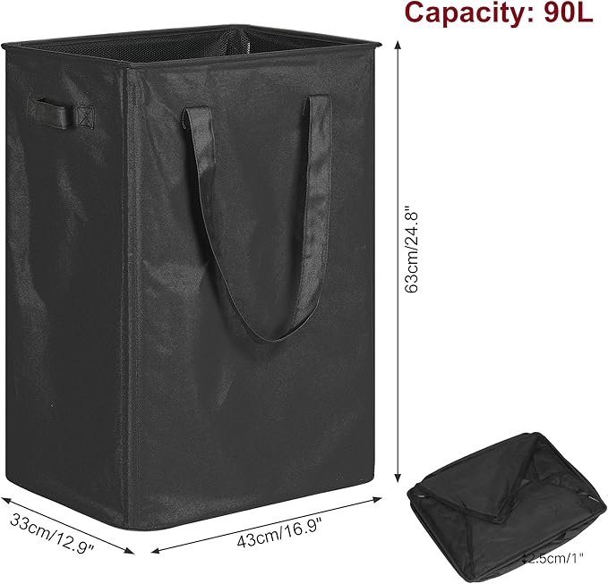 efluky Slim Laundry Basket, Narrow Laundry Hamper with Handles, Collapsible Dirty Clothes Hamper, Tall Laundry Bin for Laundry Room, Dorm and Bedroom, 90L Black