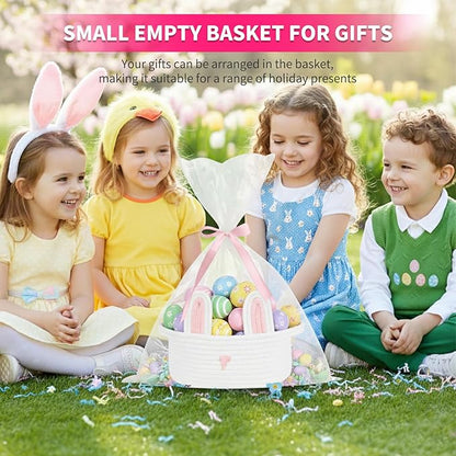 ShellKingdom Storage Basket with Handles, Empty Cute Rabbit Gift Basket with Gift Bags and Ribbon, Small Woven Baskets for Home, Nursery Organizer, 12 X 8 X 5 INCH, Easter White Pink