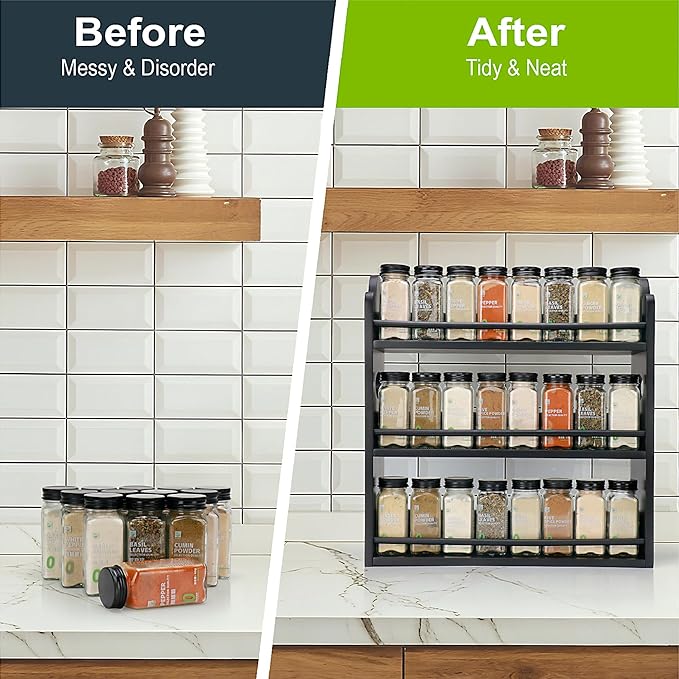3 Tier Bamboo Spice Rack, Spice Rack Organizer, Seasoning Jars Rack Shelf Spice Organizer for Kitchen Counter or Wall Mounting, Spice Storage Holder with handles, Jars Not Included, Black