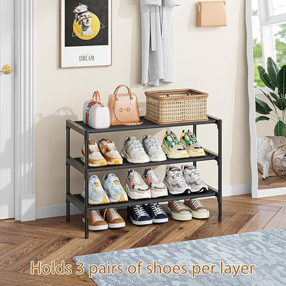 Simple Trending Shoe Rack, 3-Tier Shoe Organizer, Non-Woven Shoe Shelf Storage for Closet, Entryway, Bedroom, 27.5" Wide, Black